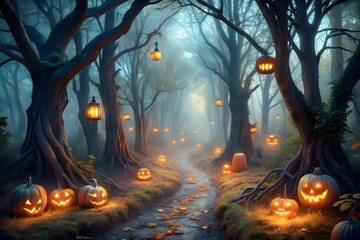 A mystical forest path is illuminated by glowing jackolanterns and hanging lanterns on a foggy spooky halloween night