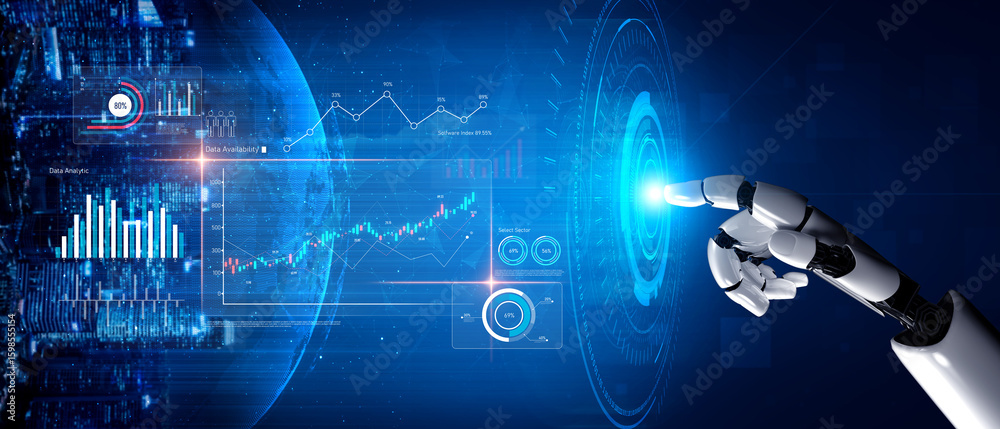 Poster ai analyzing data analytics dashboard, detecting financial patterns, visualizing metrics, and genera
