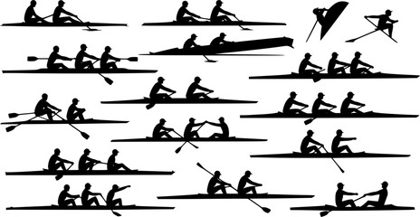 rowing silhouette collection set. water sport, race, transport, teamwork concept. different action, pose. monochrome vector illustration.	