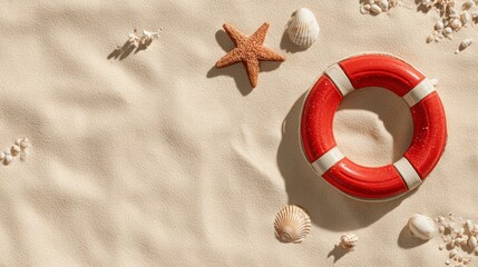 Summer beach background with lifebuoy, starfish, seashells, and clean sand with copy space. Ideal for travel, vacation, rescue, tourism, safety, and summer promotion design projects.

