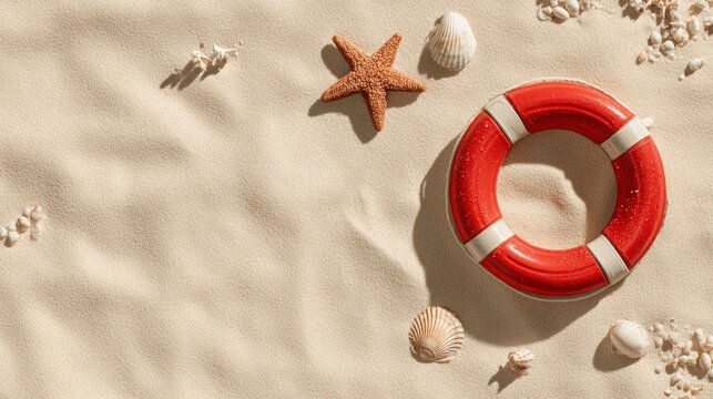 Summer beach background with lifebuoy, starfish, seashells, and clean sand with copy space. Ideal for travel, vacation, rescue, tourism, safety, and summer promotion design projects.

 - Powered by Adobe