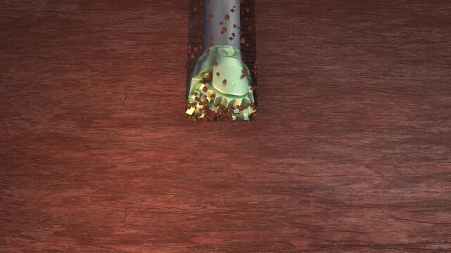 Drilling animation. 3D Animation of oil and gas drilling with roller cones bit. Tricone bit rotates while penetrating the formation. Cuttings removed by drilling fluid. High Resolution. 4K, UHD.