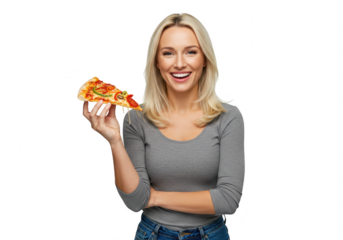 Smiling woman holding a slice of pizza isolated on transparent background