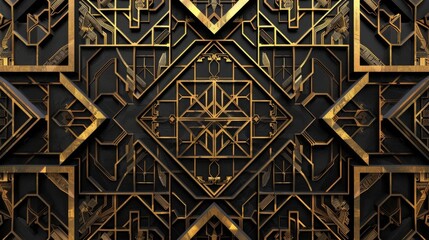 Geometric shapes in shades of black and gold are arranged in a symmetrical pattern to create a visually striking wall art.