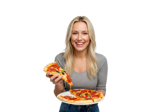 Smiling woman holding a delicious pizza slice isolated on transparent background