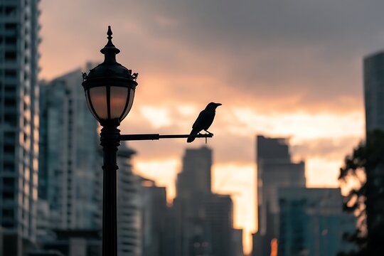 Dramatic cityscape silhouette with raven perched on lamppost at dusk creating a moody atmosphere - Powered by Adobe