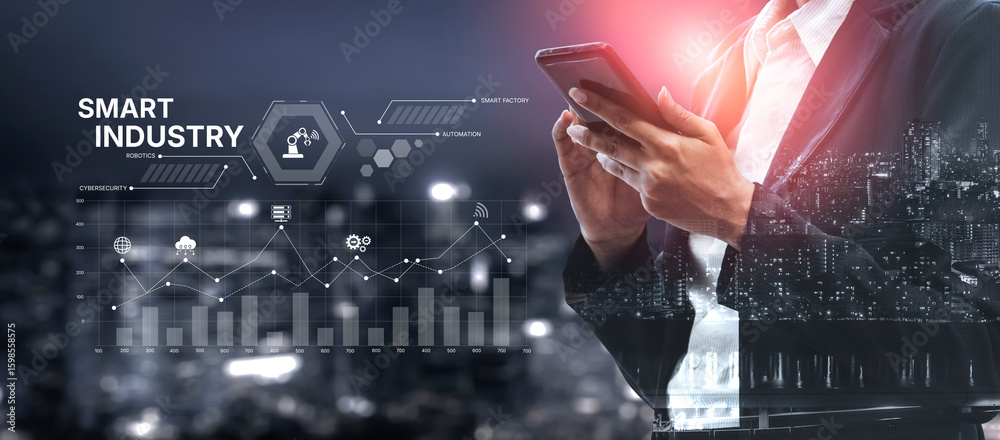 Poster smart industry dashboard combining automation, robotics, cloud integration, cybersecurity, and data 