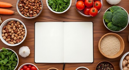 Open recipe book surrounded by fresh vegetables and ingredients