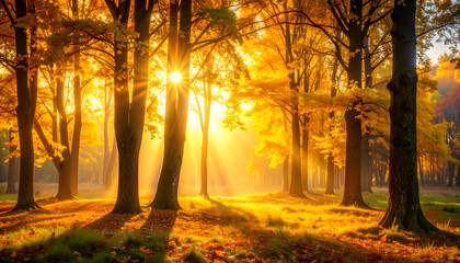 Golden Autumn Sunrise Forest.