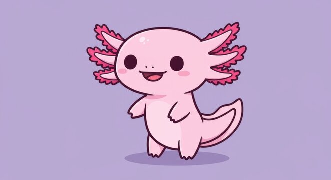 A kawaii vector illustration of a pink axolot The character is shown fullbody with its signature external gills