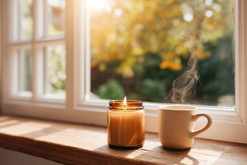 Cozy morning at home with a lit candle and warm beverage by the window