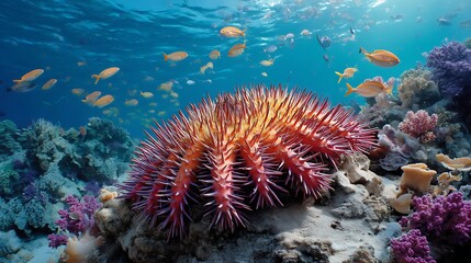 Vibrant coral reef scene with colorful fish and starfish, creating a stunning underwater world