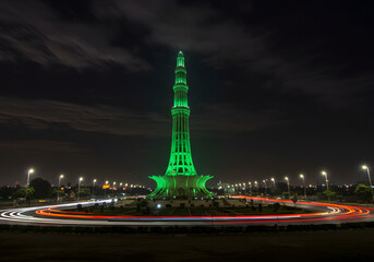 Minar-e-Pakistan Monument Illuminated in Green at Night | Landmark Tower with Traffic Light Trails for Pakistan Independence Day Celebrations and National Heritage Tourism