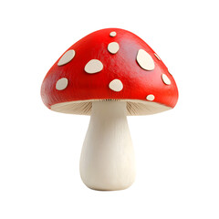 A vibrant red mushroom with white spots isolated against a clean white background displaying botanical beauty