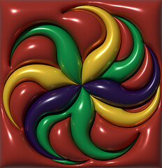 Volumetric abstract pattern with glossy curved petals in yellow, green and purple tones on a red background. Floral fantasy in 3D rendering illustration