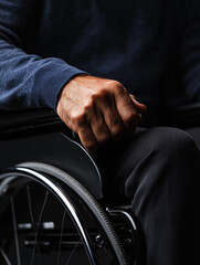 Fototapeta premium A strong hand rests firmly on the arm of a wheelchair, symbolizing resilience and determination