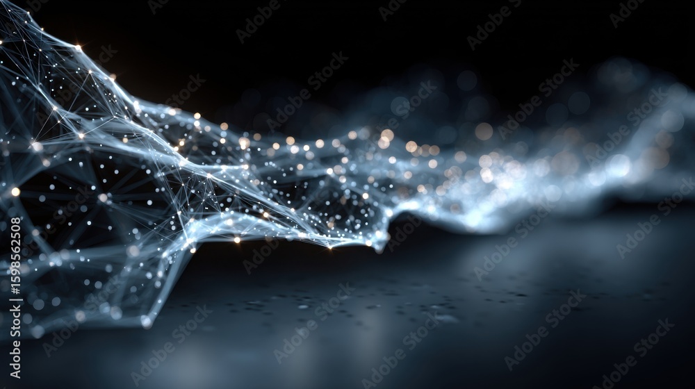 Fototapete A complex web of interconnected nodes and luminous particles flows smoothly across a dark background, illustrating a digital representation of connectivity and technology.
