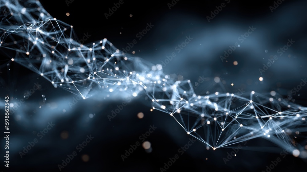 Poster lines and dots create a complex web of digital connections against a dark background, illustrating t