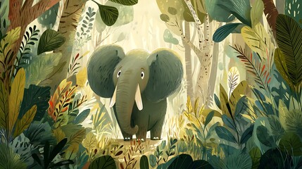 Adorable elephant in a vibrant forest, perfect for children's book illustrations and designs