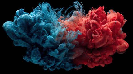 Swirling clouds of red and blue smoke merge dramatically, creating a captivating abstract pattern.