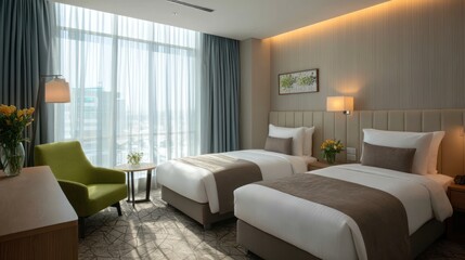 Fototapeta premium Twin beds in a modern hotel room with a view.