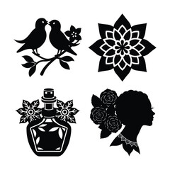 Vector art of a collection of four black silhouette designs depicting two birds