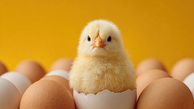A fluffy chick emerges from its cracked shell, surrounded by several intact eggs. The bright yellow backdrop adds warmth to this farm scene showcasing new life and growth. - Powered by Adobe