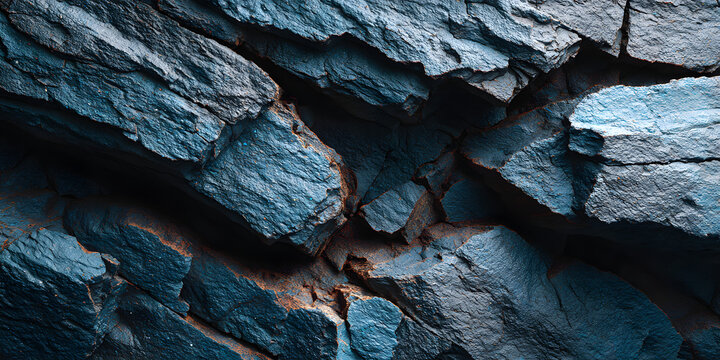 Dark blue slate rock texture background with rough and cracked stone layers, creating a natural, rough surface. Abstract design.