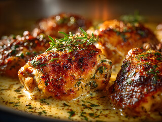 Smothered chicken thighs baking in a creamy onion and garlic sauce