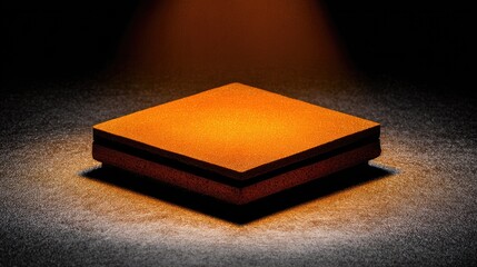 Orange-toned square object on a dark surface.