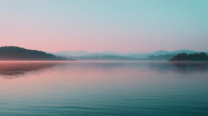 Obraz premium Serene lake landscape pastel hues gentle mist water haze