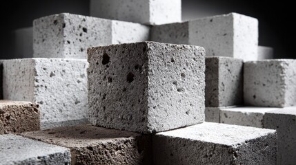 Obraz premium Several concrete building blocks are stacked and arranged in an artistic manner, showcasing multiple textures and colors. The arrangement highlights their unique properties against a dark backdrop.