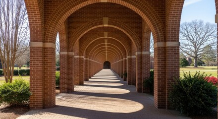 An endless brick archway corridor with sunlight casting dramatic shadows on the walkway, leading to a distant tree