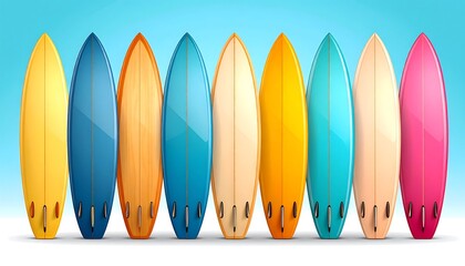 Colorful surfboards lined up against a light blue background