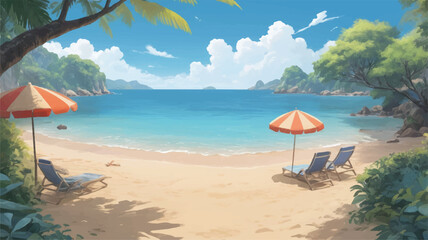 Tropical beach with turquoise water, blue sky, lounge chairs, and striped umbrellas. Peaceful summer vacation scene with white sand, lush greenery, and calm ocean waves. Idyllic paradise.