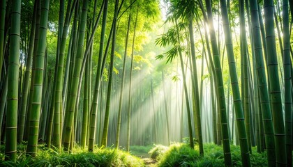 Sunbeams pierce a dense bamboo forest