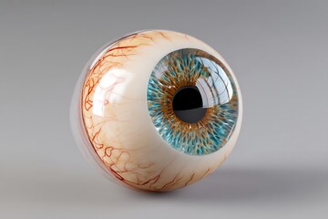 Detailed human eyeball anatomy with blue and brown iris and visible blood vessels for medical illustration.
