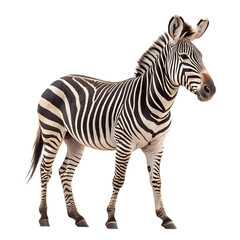 Fototapeta premium A close-up of a standing zebra with distinct black and white stripes. The zebra has a strong build and a mane, set against a plain black background.