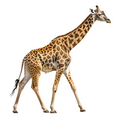 Naklejka premium A tall giraffe walks gracefully, showcasing its long neck and distinctive spotted coat. The background is plain, emphasizing the animal's features.