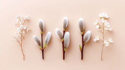 A serene and natural composition is formed by delicate branches with tiny white flowers that are scattered on a light beige surface