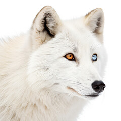 Obraz premium A close-up of an Arctic fox with a white fur coat. The fox has striking heterochromia, with one blue eye and one amber eye, showcasing its unique features.