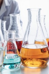 Colorful laboratory flasks with liquids on white background