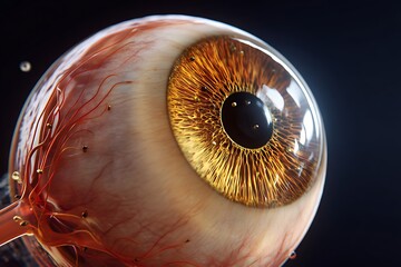 Detailed human eye anatomy showcases a realistic brown iris and intricate blood vessels.