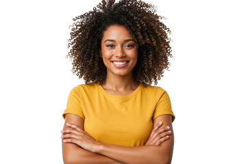 Smiling woman with curly hair arms crossed isolated on transparent background