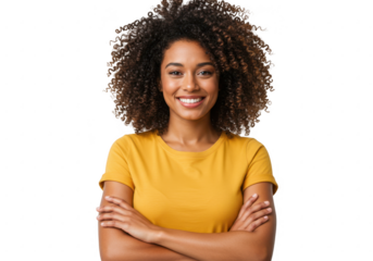 Smiling woman with curly hair arms crossed isolated on transparent background