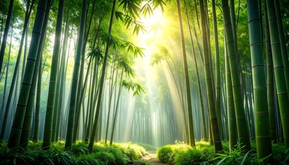 Fototapeta premium Sunbeams pierce lush bamboo forest