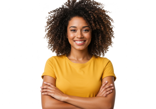 Smiling woman with curly hair arms crossed isolated on transparent background