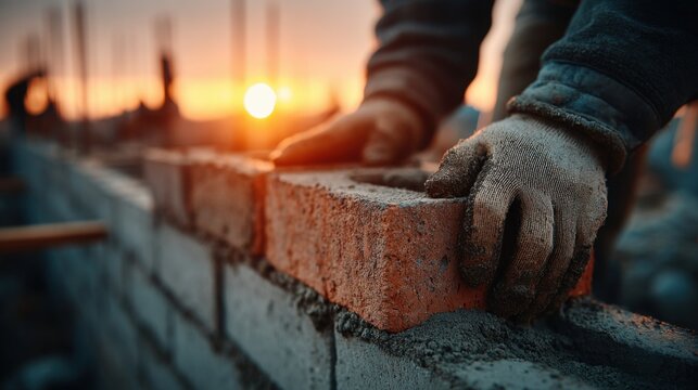 A construction worker carefully places a brick on a wall during sunset, surrounded by other workers on a busy site. The warm glow highlights their activity. - Powered by Adobe