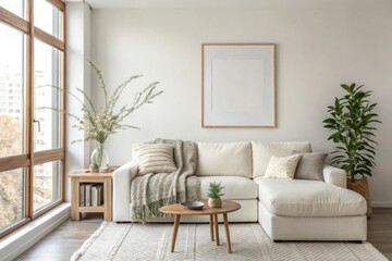 Fototapeta premium Cozy modern living room with a sectional sofa and large window