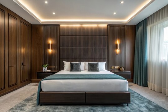 Luxurious modern bedroom with dark wood paneling and ambient lighting
